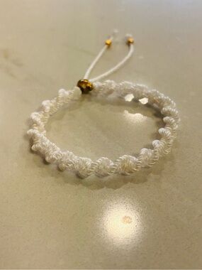 NWT Handmade White Twisted Macrame Bracelet Gold Rhinestone Accent
